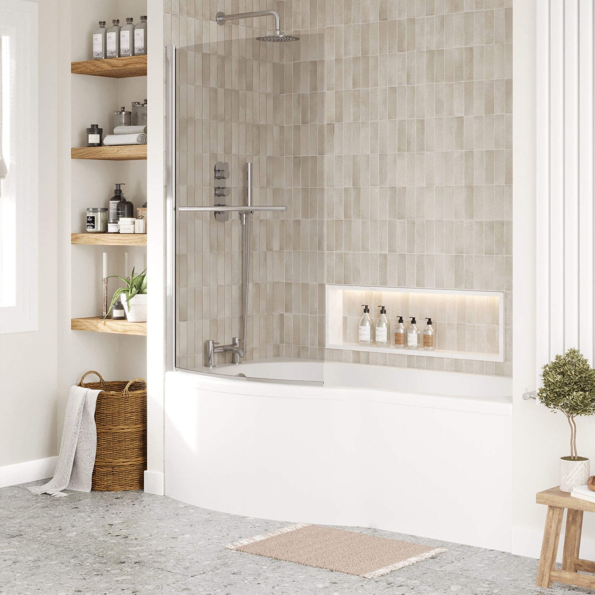 [BBZBB002] B Shape 1700x900 Left Hand Bath Set - Front Panel, Screen with Towel Rail - Chrome - Lifestyle 3
