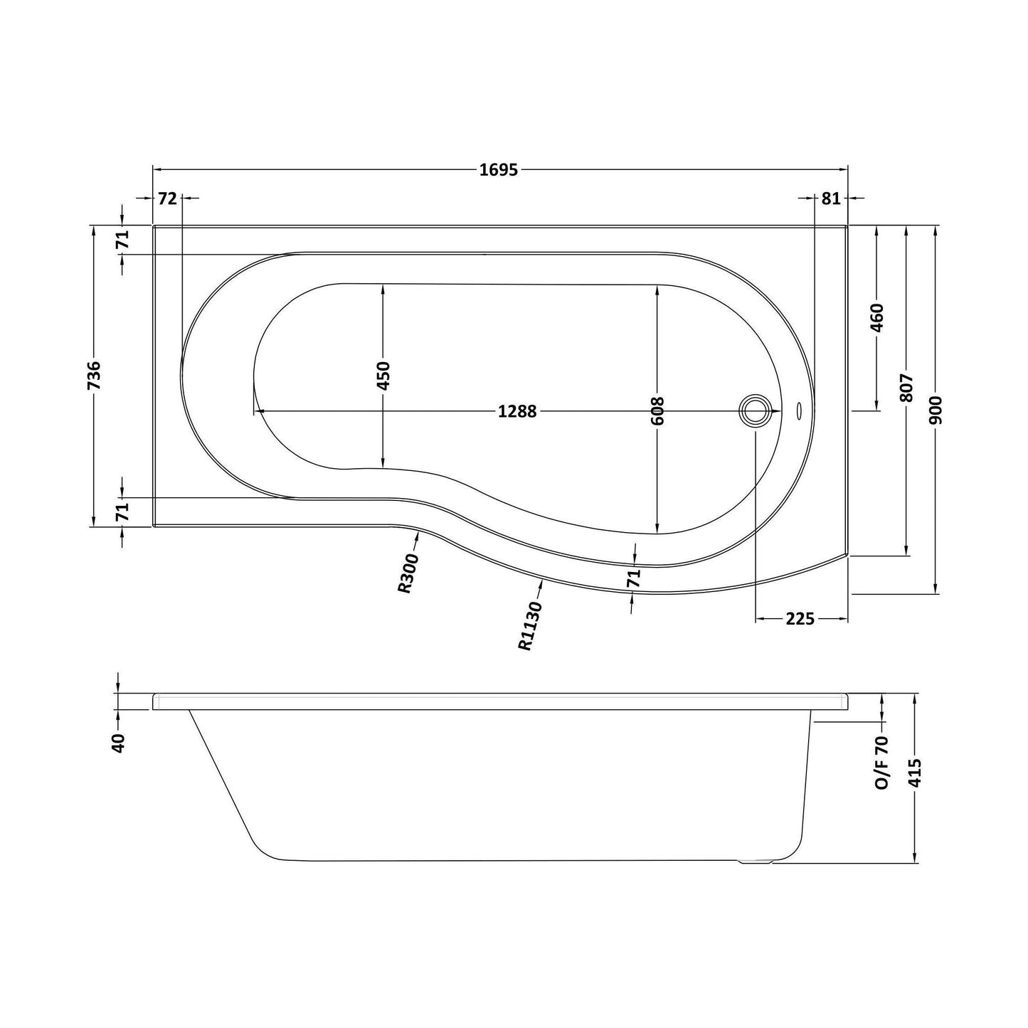 [BBZBB004] B Shape 1700x900 Right Hand Shower Bath Set - B Front Panel, Chrome Screen with Towel Rail & Leg Set - Technical Drawing
