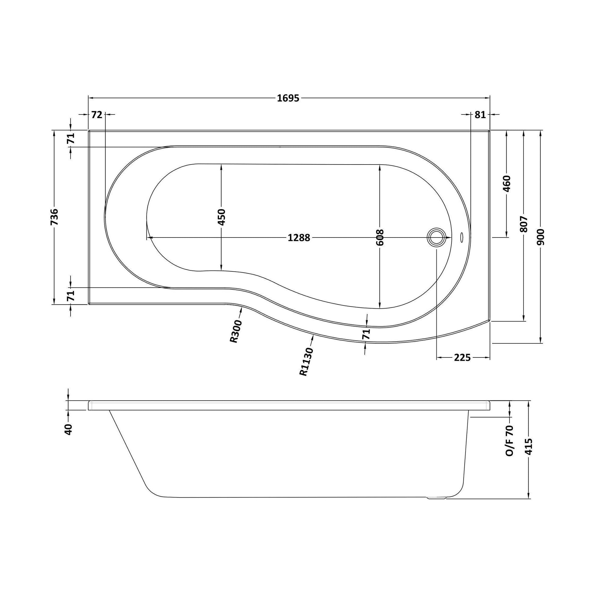 [BBZBB004] B Shape 1700x900 Right Hand Shower Bath Set - B Front Panel, Chrome Screen with Towel Rail & Leg Set - Technical Drawing