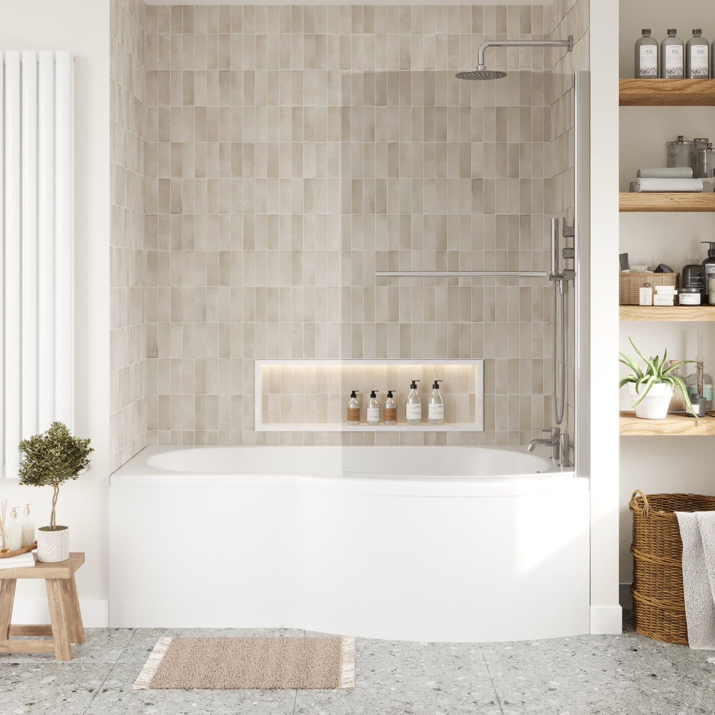 [BBZBB004] B Shape 1700x900 Right Hand Shower Bath Set - B Front Panel, Chrome Screen with Towel Rail & Leg Set - Lifestyle 1