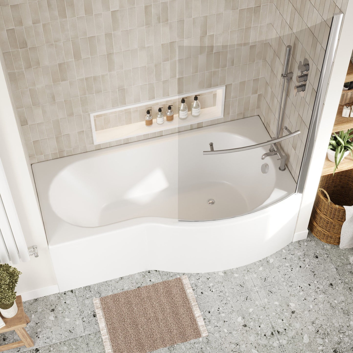 [BBZBB004] B Shape 1700x900 Right Hand Shower Bath Set - B Front Panel, Chrome Screen with Towel Rail & Leg Set - Lifestyle 2