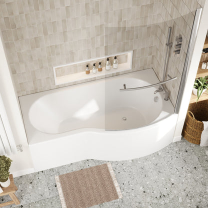 [BBZBB004] B Shape 1700x900 Right Hand Shower Bath Set - B Front Panel, Chrome Screen with Towel Rail & Leg Set - Lifestyle 2