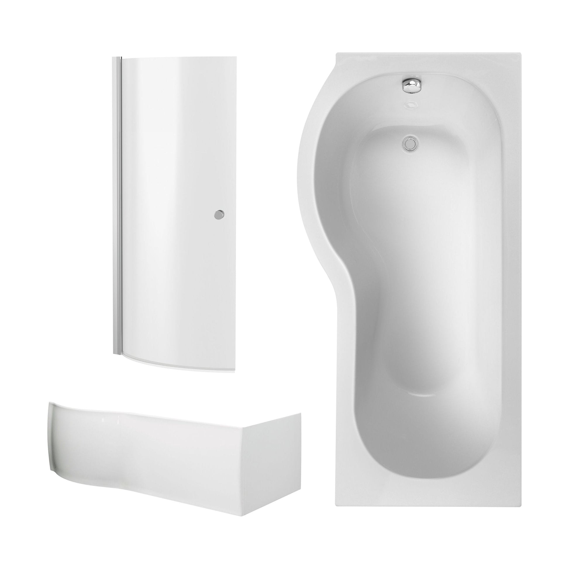 [BBZPB003] P Shape 1700x850 Left Hand Shower Bath Set - Squared Front Panel, Curved P Bath Screen with Knob & Leg Set - Cutout