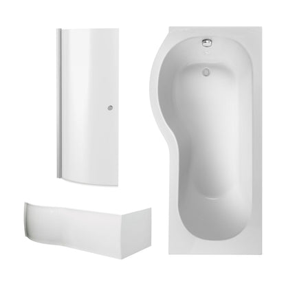 [BBZPB003] P Shape 1700x850 Left Hand Shower Bath Set - Squared Front Panel, Curved P Bath Screen with Knob & Leg Set - Cutout