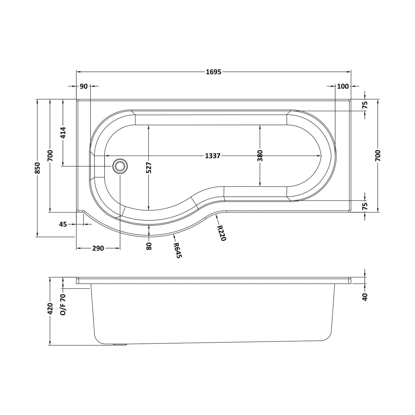 [BBZPB003] P Shape 1700x850 Left Hand Shower Bath Set - Squared Front Panel, Curved P Bath Screen with Knob & Leg Set - Technical Drawing