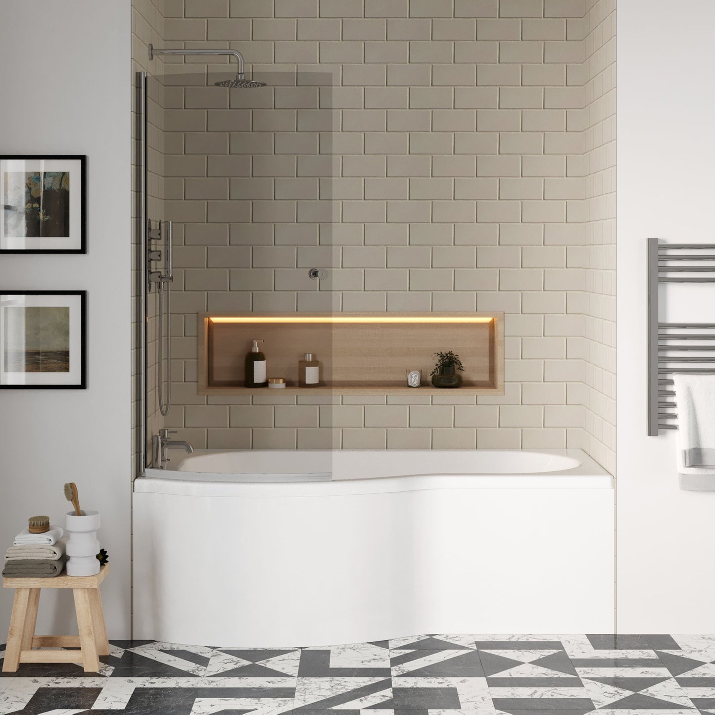 [BBZPB003] P Shape 1700x850 Left Hand Shower Bath Set - Squared Front Panel, Curved P Bath Screen with Knob & Leg Set - Lifestyle 1
