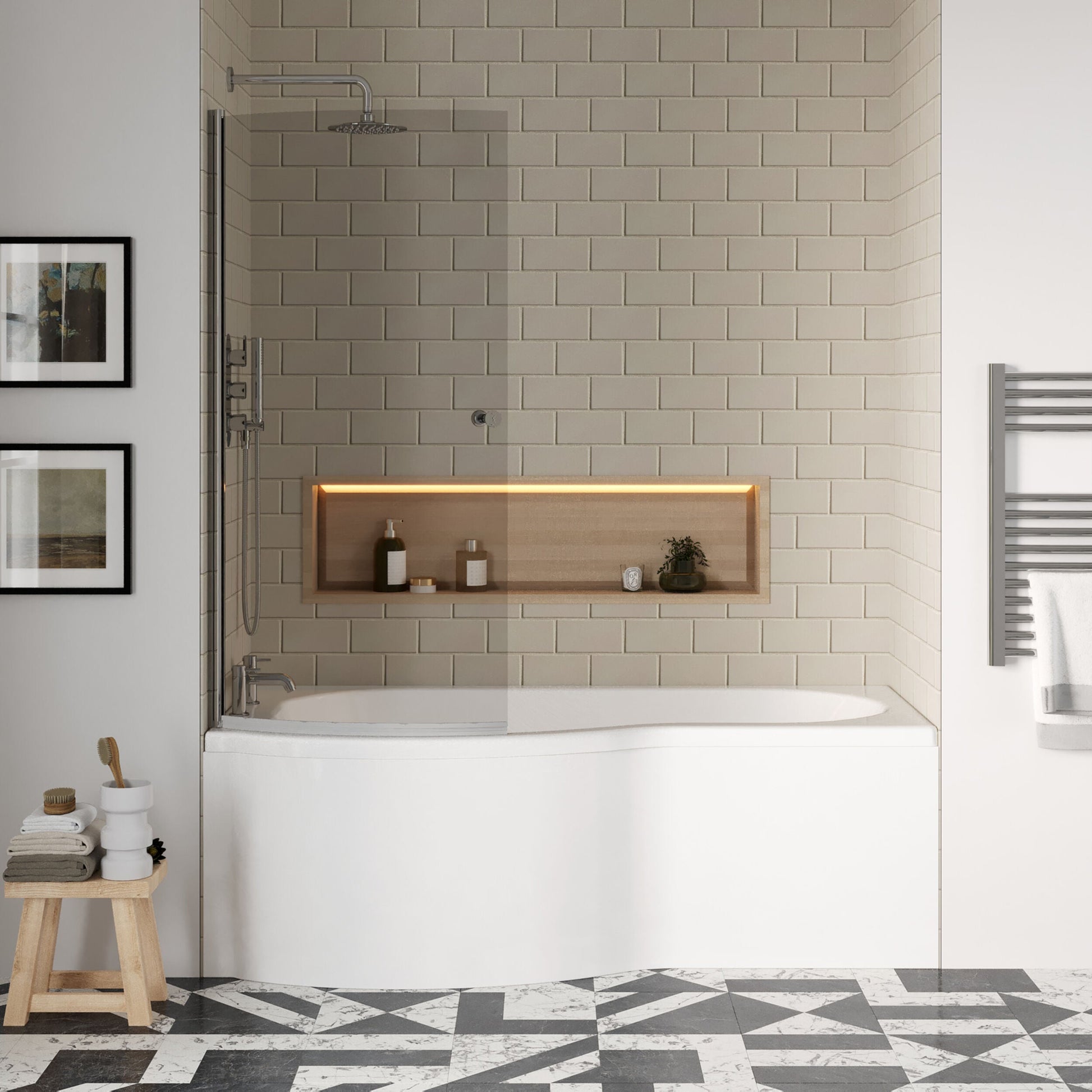 [BBZPB003] P Shape 1700x850 Left Hand Shower Bath Set - Squared Front Panel, Curved P Bath Screen with Knob & Leg Set - Lifestyle 1