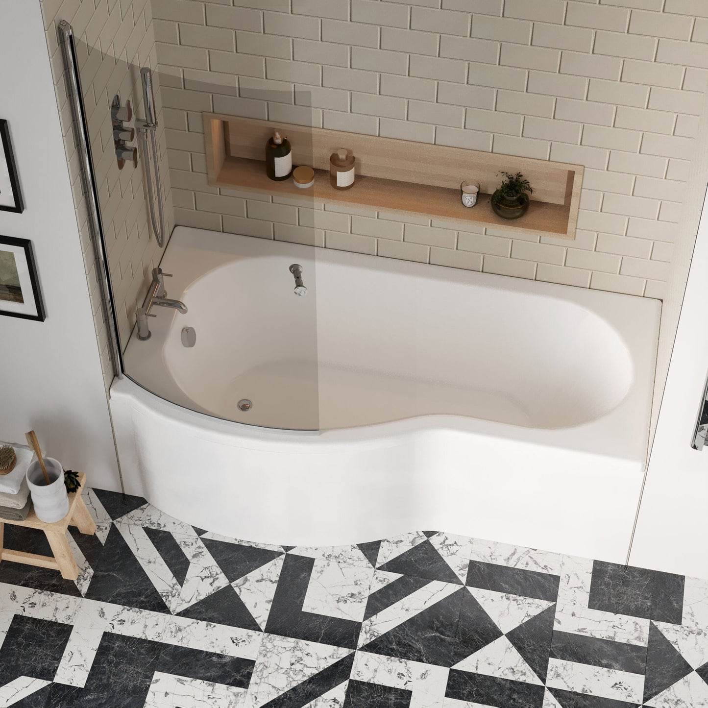 [BBZPB003] P Shape 1700x850 Left Hand Shower Bath Set - Squared Front Panel, Curved P Bath Screen with Knob & Leg Set - Lifestyle 2