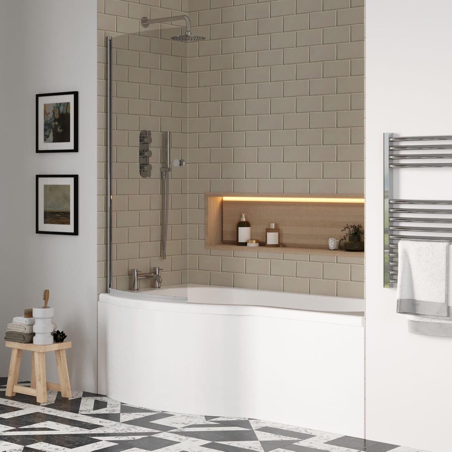 [BBZPB003] P Shape 1700x850 Left Hand Shower Bath Set - Squared Front Panel, Curved P Bath Screen with Knob & Leg Set - Lifestyle 3
