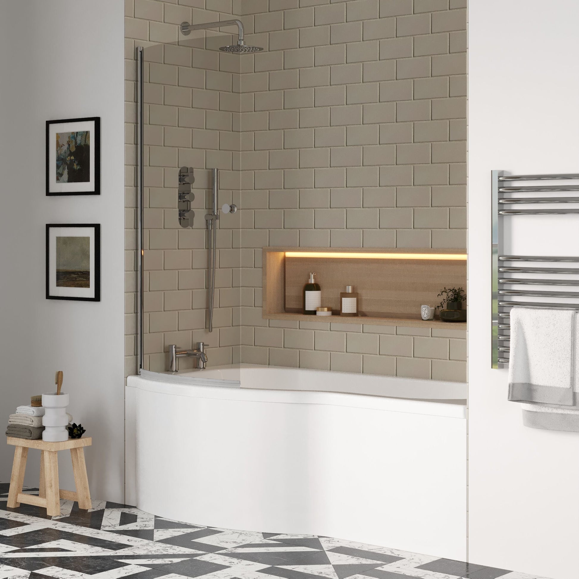 [BBZPB003] P Shape 1700x850 Left Hand Shower Bath Set - Squared Front Panel, Curved P Bath Screen with Knob & Leg Set - Lifestyle 3