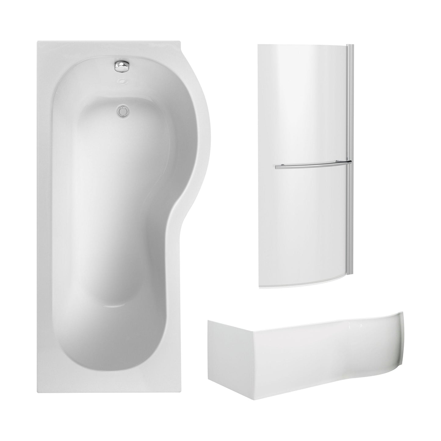 [BBZPB005] P Shape 1700x850 Right Hand Shower Bath Set - Squared Front Panel, Curved P Bath Screen with Towel Rail & Leg Set - Cutout