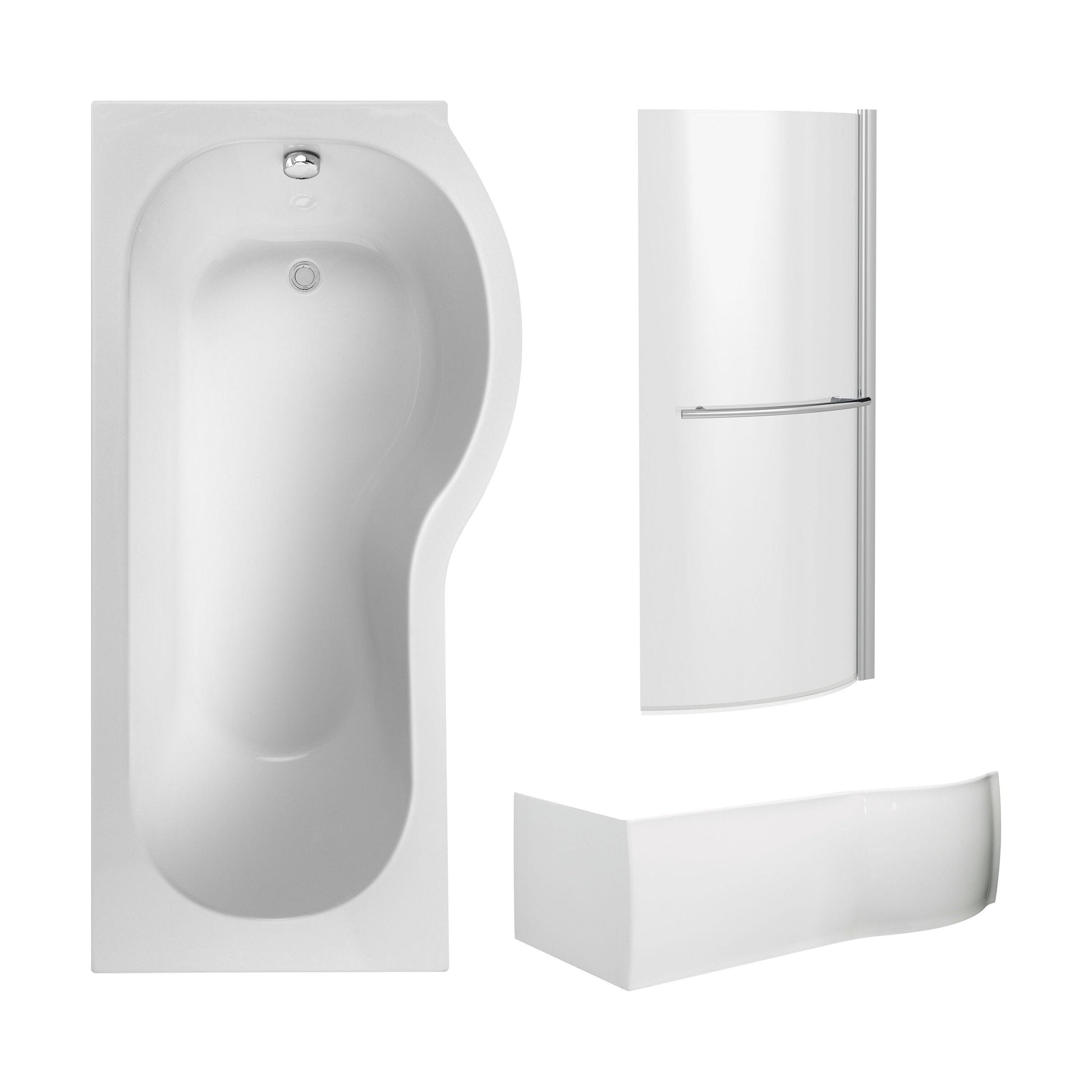[BBZPB005] P Shape 1700x850 Right Hand Shower Bath Set - Squared Front Panel, Curved P Bath Screen with Towel Rail & Leg Set - Cutout