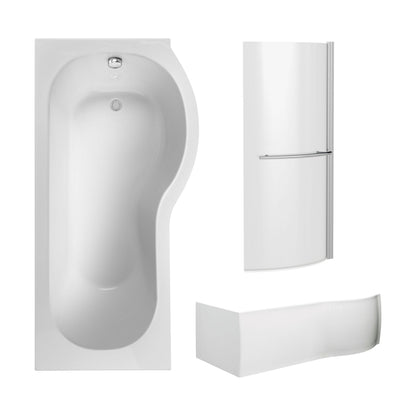 [BBZPB005] P Shape 1700x850 Right Hand Shower Bath Set - Squared Front Panel, Curved P Bath Screen with Towel Rail & Leg Set - Cutout