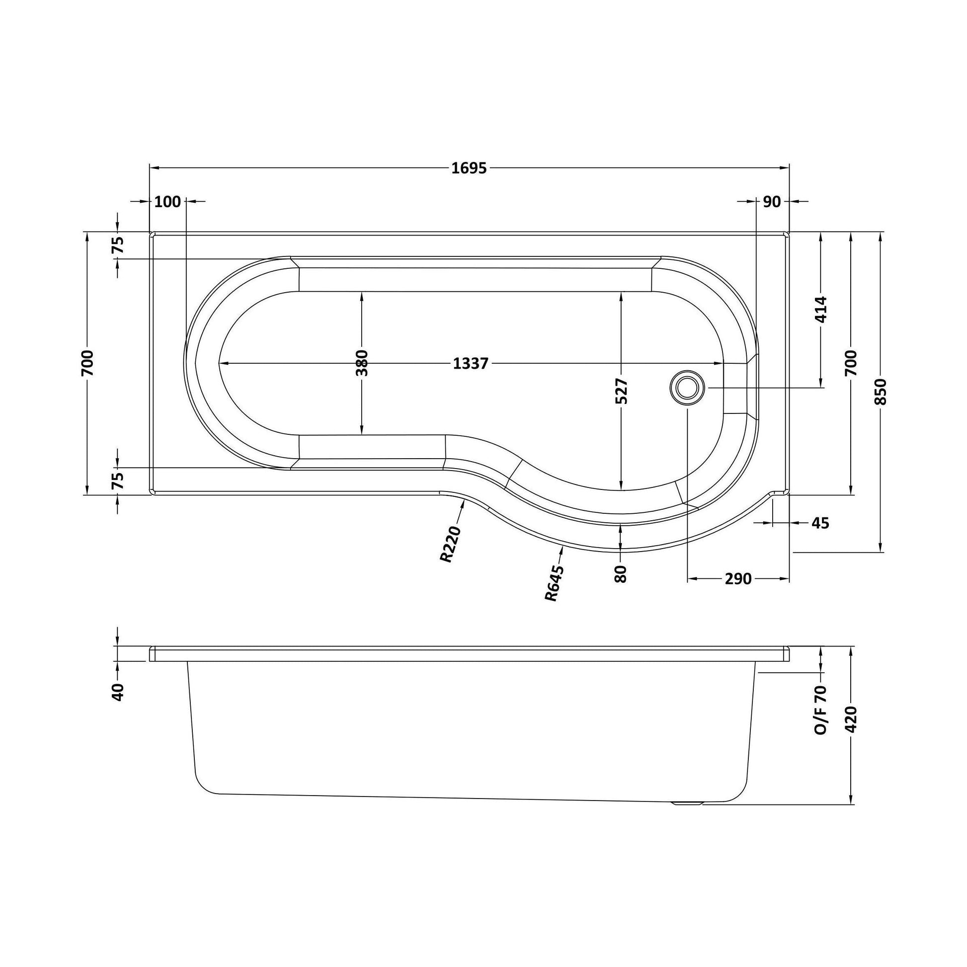[BBZPB005] P Shape 1700x850 Right Hand Shower Bath Set - Squared Front Panel, Curved P Bath Screen with Towel Rail & Leg Set - Technical Drawing