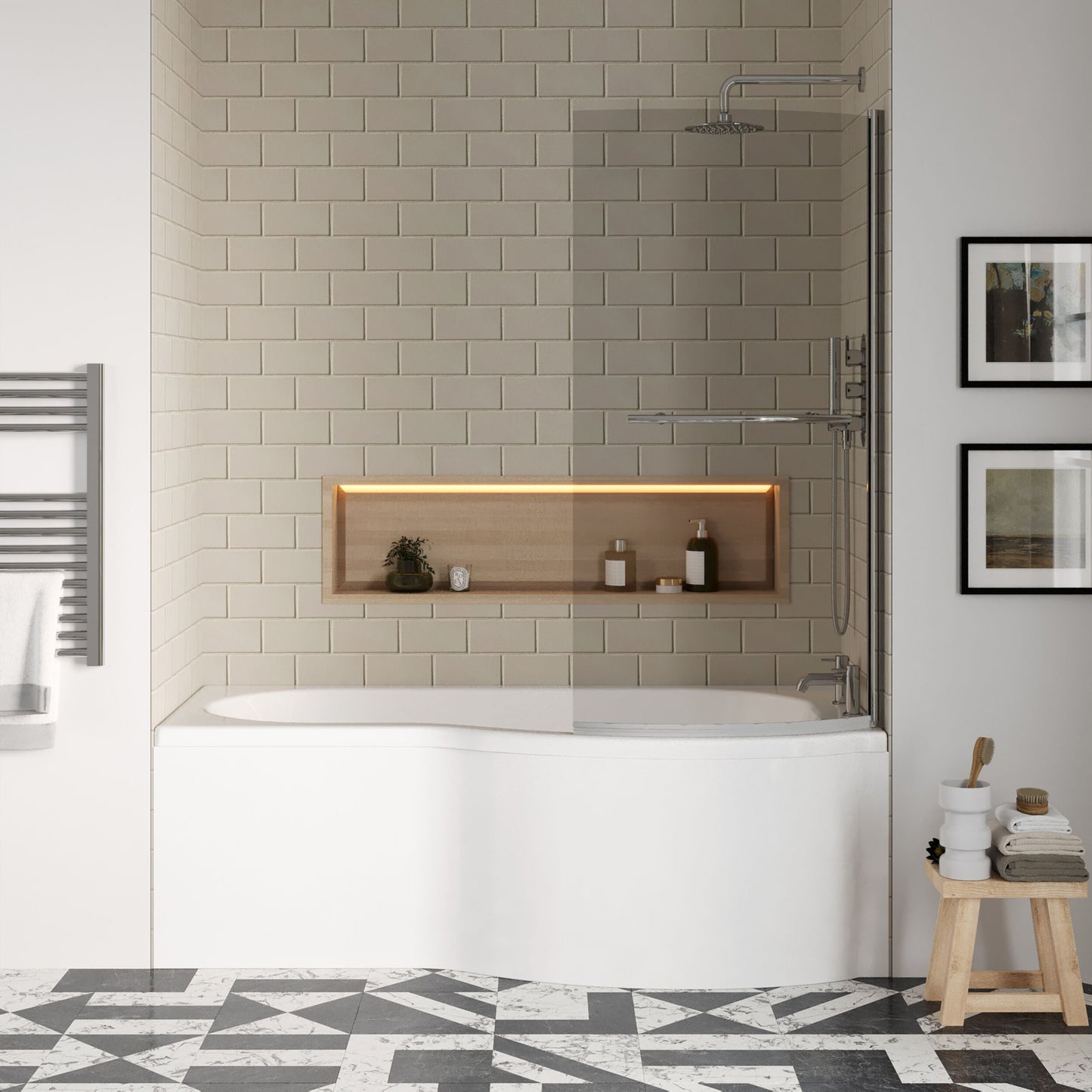 [BBZPB005] P Shape 1700x850 Right Hand Shower Bath Set - Squared Front Panel, Curved P Bath Screen with Towel Rail & Leg Set - Lifestyle 1