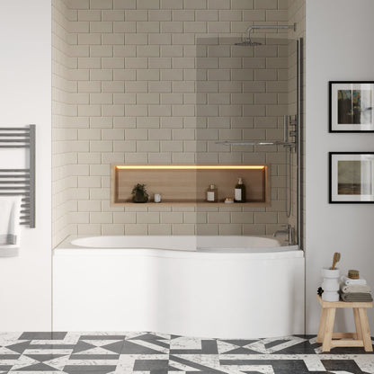 [BBZPB005] P Shape 1700x850 Right Hand Shower Bath Set - Squared Front Panel, Curved P Bath Screen with Towel Rail & Leg Set - Lifestyle 1