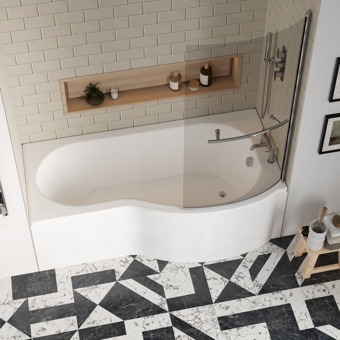 [BBZPB005] P Shape 1700x850 Right Hand Shower Bath Set - Squared Front Panel, Curved P Bath Screen with Towel Rail & Leg Set - Lifestyle 2