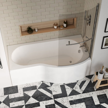 [BBZPB005] P Shape 1700x850 Right Hand Shower Bath Set - Squared Front Panel, Curved P Bath Screen with Towel Rail & Leg Set - Lifestyle 2