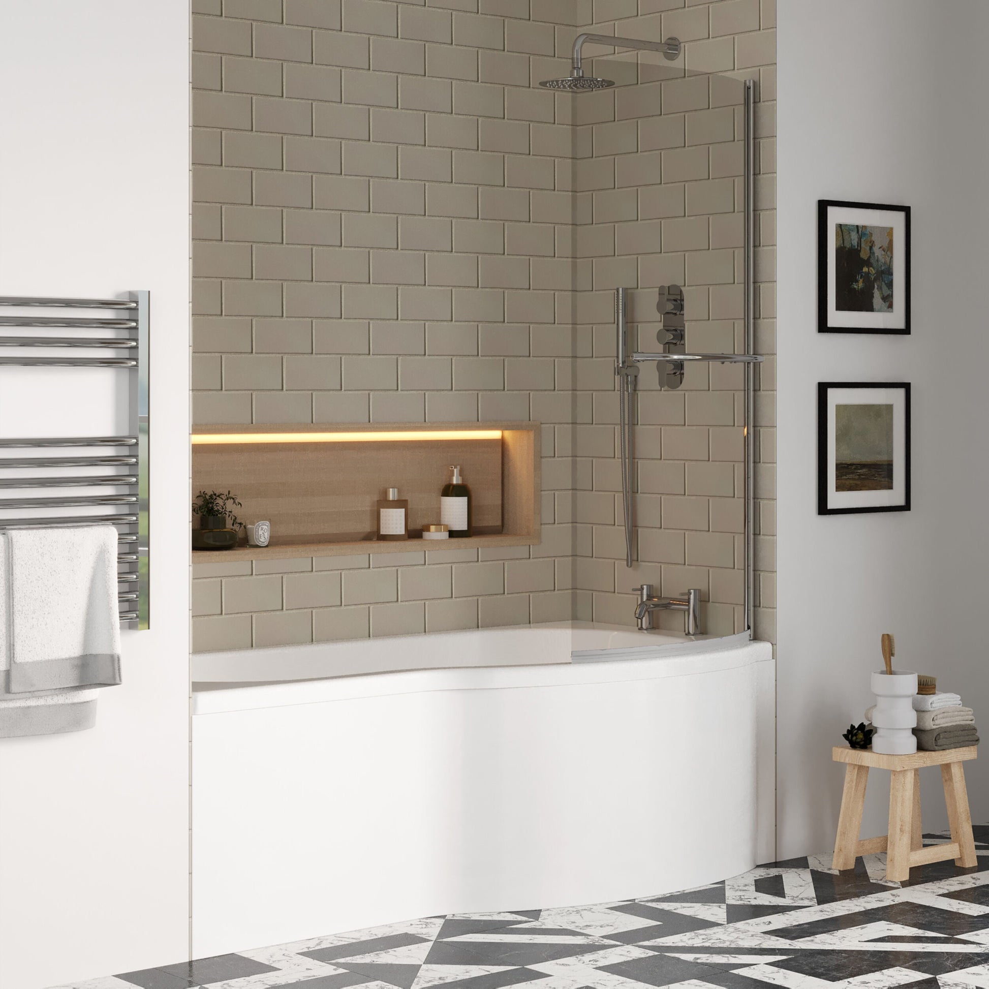 [BBZPB005] P Shape 1700x850 Right Hand Shower Bath Set - Squared Front Panel, Curved P Bath Screen with Towel Rail & Leg Set - Lifestyle 3