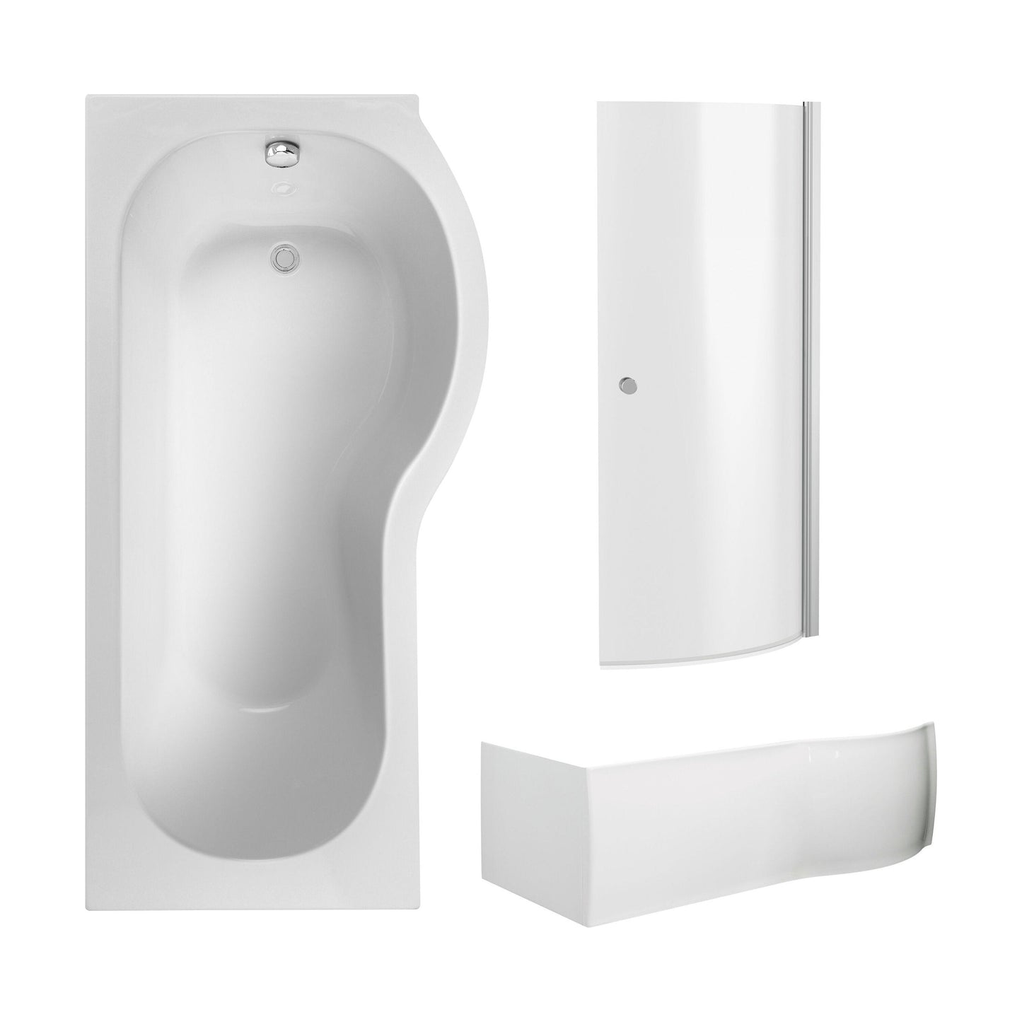 [BBZPB006] P Shape 1700x850 Right Hand Shower Bath Set - Screen with Knob - Chrome, P Bath Front Panel - Cutout