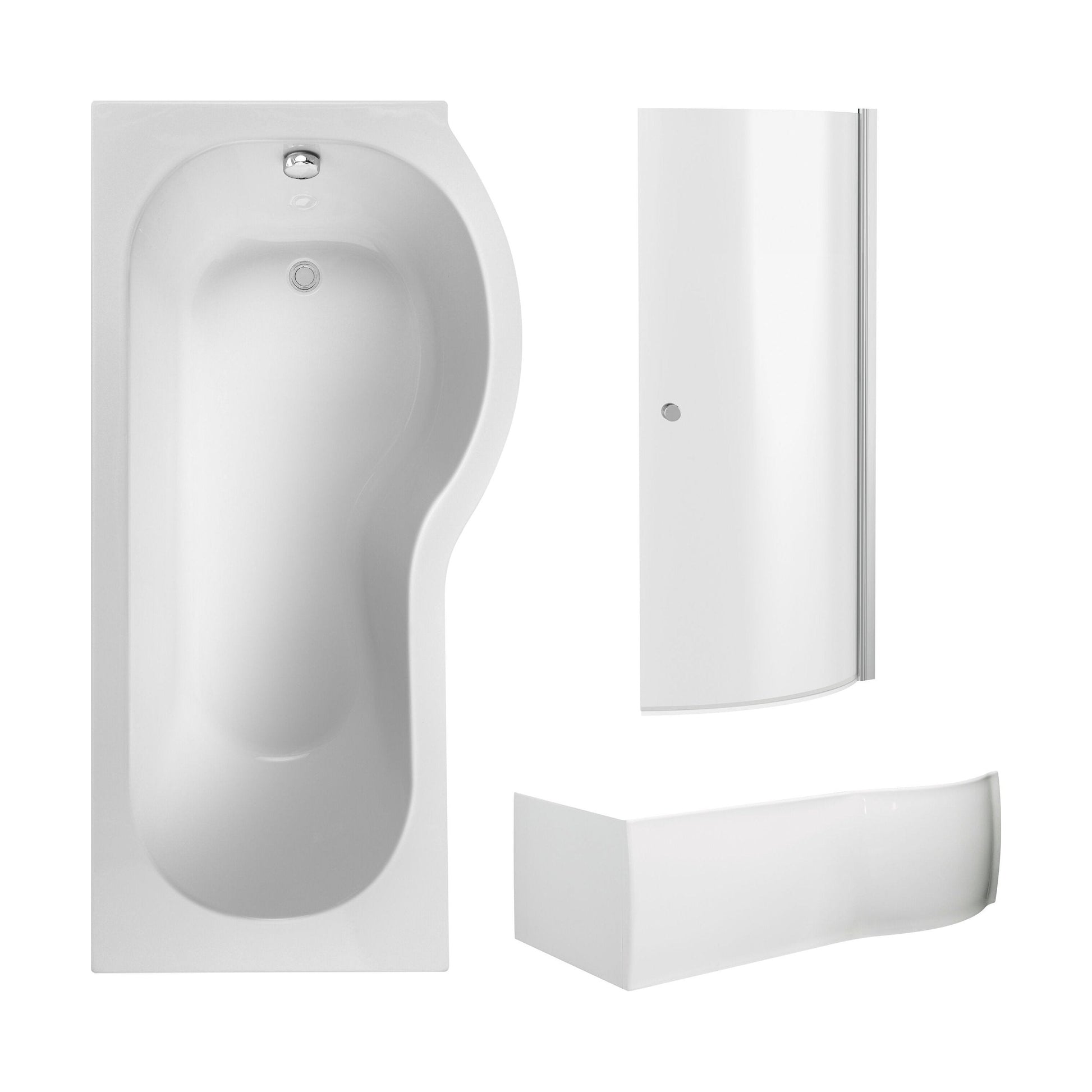 [BBZPB006] P Shape 1700x850 Right Hand Shower Bath Set - Screen with Knob - Chrome, P Bath Front Panel - Cutout