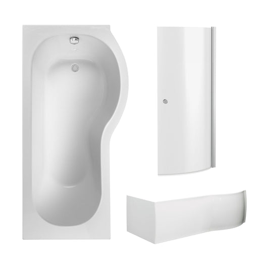 [BBZPB006] P Shape 1700x850 Right Hand Shower Bath Set - Screen with Knob - Chrome, P Bath Front Panel - Cutout