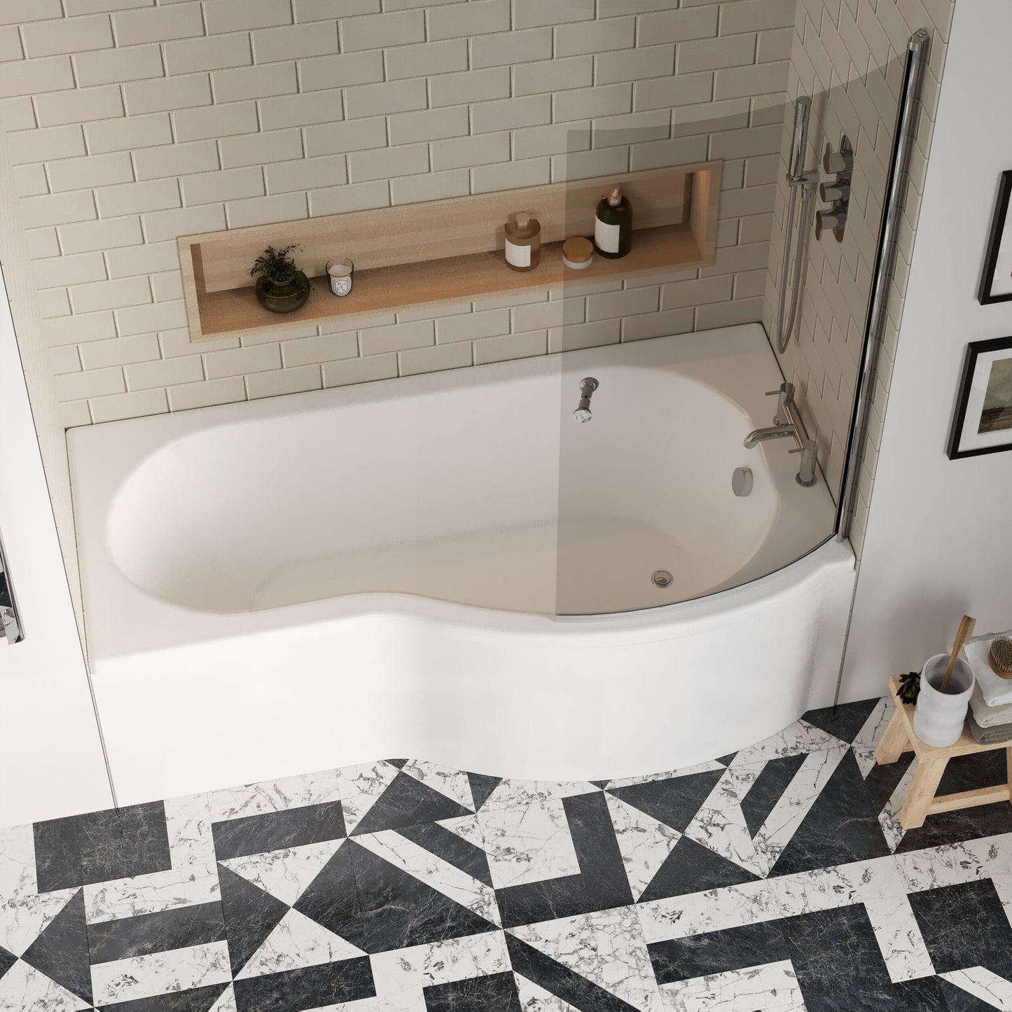 [BBZPB006] P Shape 1700x850 Right Hand Shower Bath Set - Screen with Knob - Chrome, P Bath Front Panel - Lifestyle 2