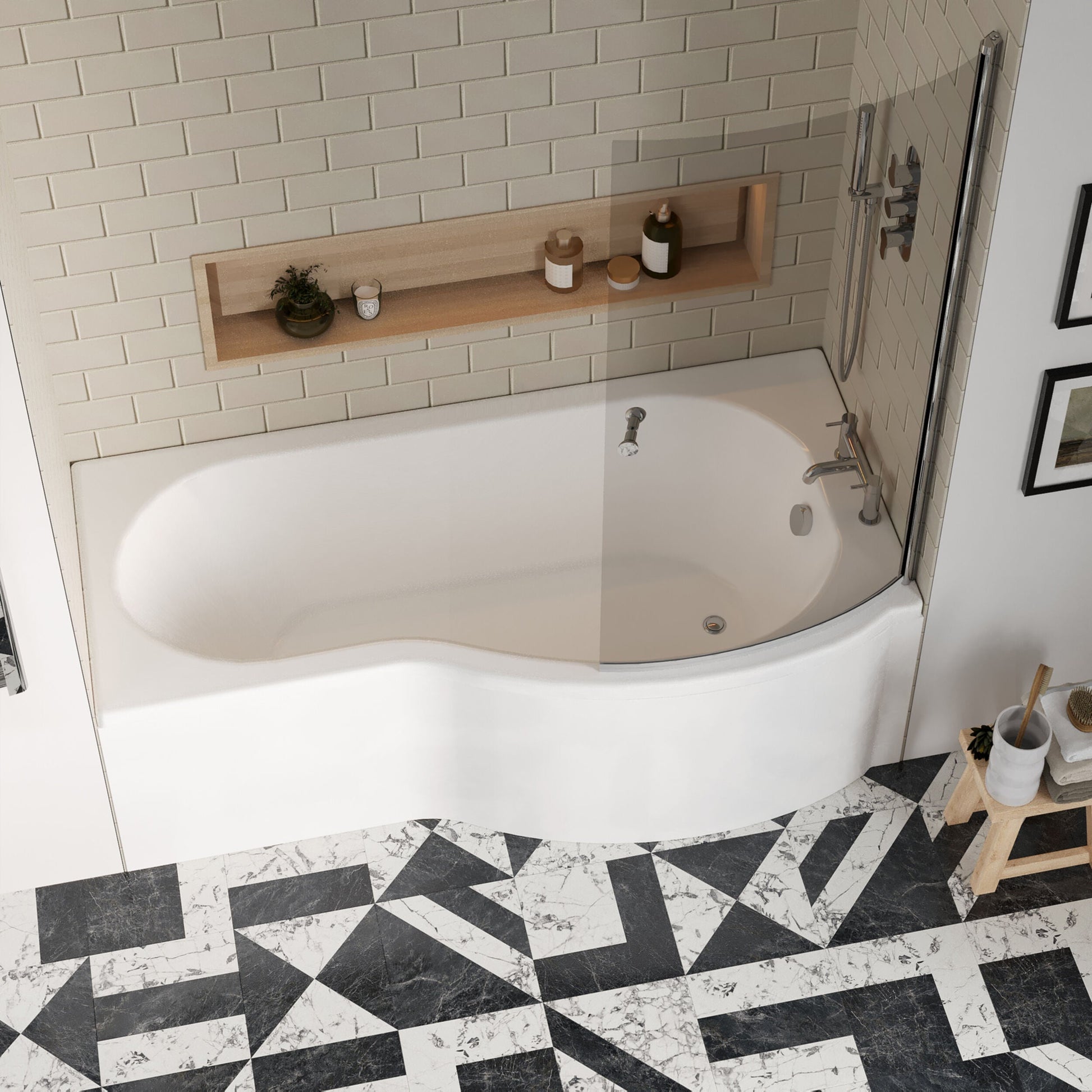 [BBZPB006] P Shape 1700x850 Right Hand Shower Bath Set - Screen with Knob - Chrome, P Bath Front Panel - Lifestyle 2