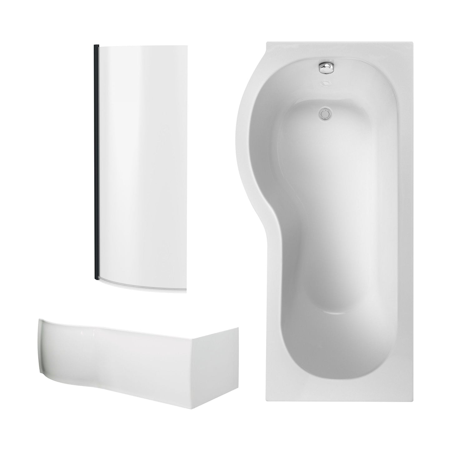 [BBZPB007] P Shape 1700x850 Left Hand Shower Bath Set - Front Panel, Matt Black Curved P Bath Screen & Leg Set - Cutout