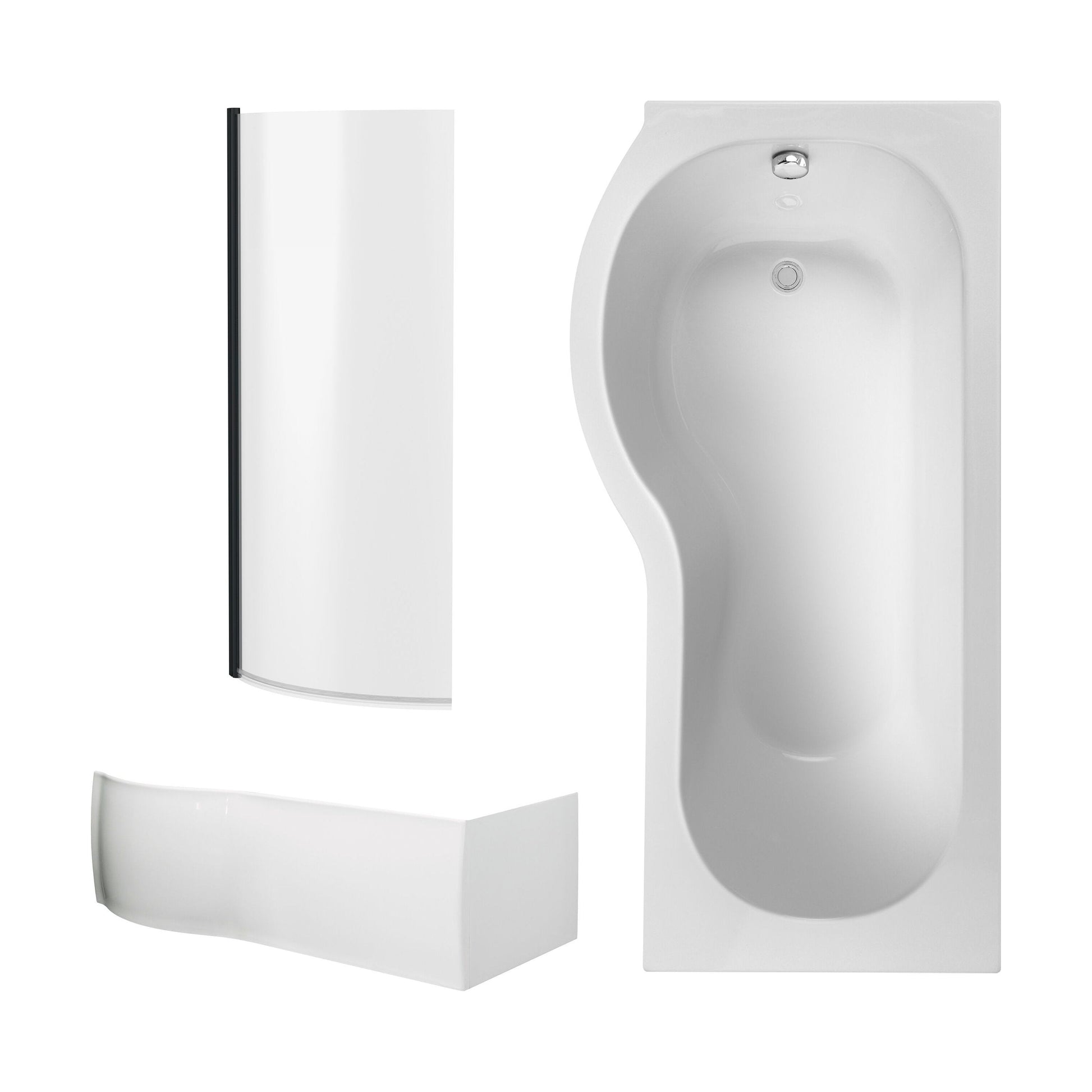 [BBZPB007] P Shape 1700x850 Left Hand Shower Bath Set - Front Panel, Matt Black Curved P Bath Screen & Leg Set - Cutout