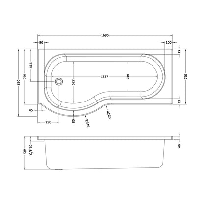 [BBZPB007] P Shape 1700x850 Left Hand Shower Bath Set - Front Panel, Matt Black Curved P Bath Screen & Leg Set - Technical Drawing