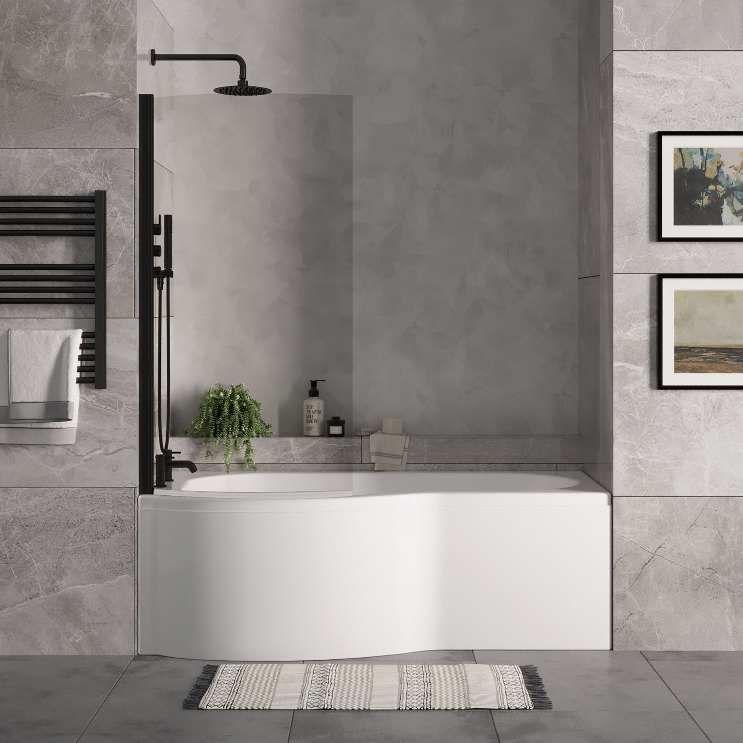 [BBZPB007] P Shape 1700x850 Left Hand Shower Bath Set - Front Panel, Matt Black Curved P Bath Screen & Leg Set - Lifestyle 1
