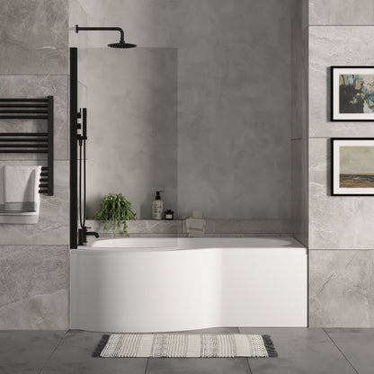 [BBZPB007] P Shape 1700x850 Left Hand Shower Bath Set - Front Panel, Matt Black Curved P Bath Screen & Leg Set - Lifestyle 1