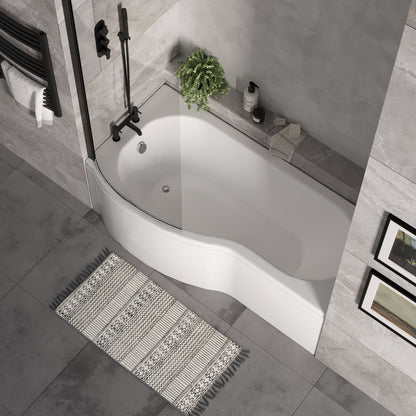 [BBZPB007] P Shape 1700x850 Left Hand Shower Bath Set - Front Panel, Matt Black Curved P Bath Screen & Leg Set - Lifestyle 2