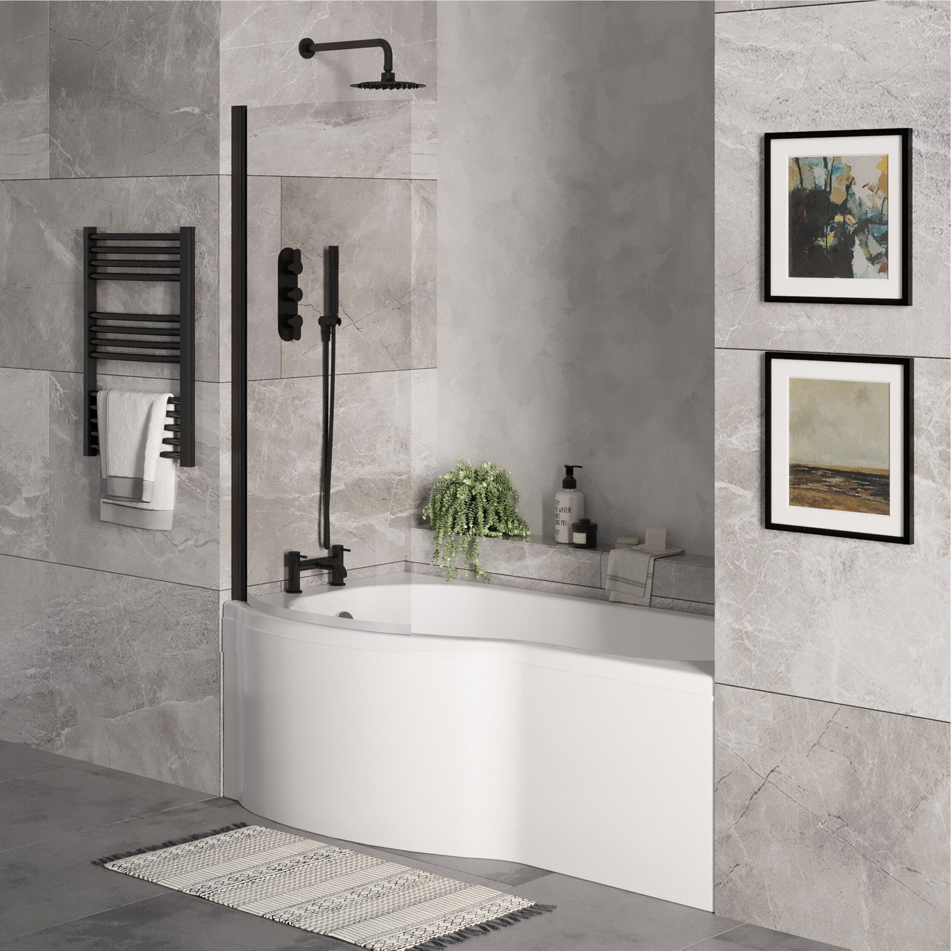 [BBZPB007] P Shape 1700x850 Left Hand Shower Bath Set - Front Panel, Matt Black Curved P Bath Screen & Leg Set - Lifestyle 3