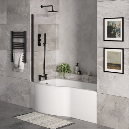 [BBZPB007] P Shape 1700x850 Left Hand Shower Bath Set - Front Panel, Matt Black Curved P Bath Screen & Leg Set - Lifestyle 3