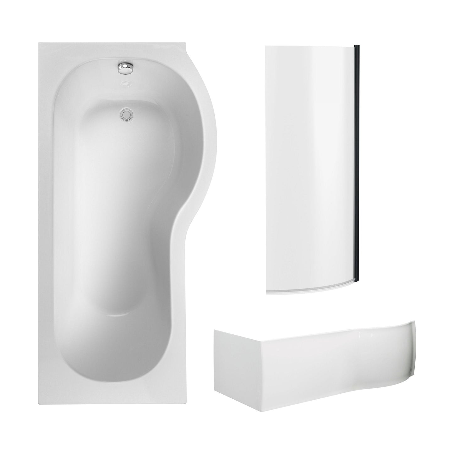 [BBZPB008] P Shape 1700x850 Right Hand Shower Bath Set - P Shape Front Panel, Black Bath Screen & Leg Set - Cutout