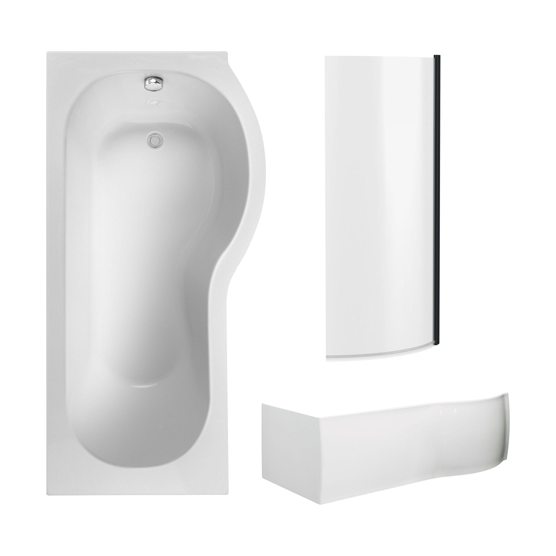 [BBZPB008] P Shape 1700x850 Right Hand Shower Bath Set - P Shape Front Panel, Black Bath Screen & Leg Set - Cutout