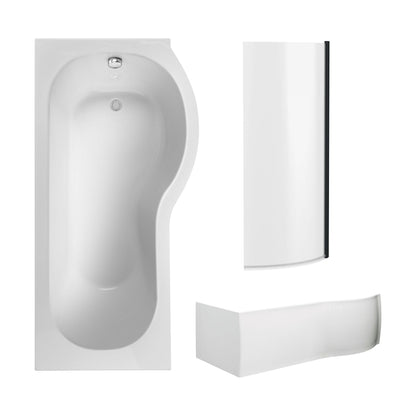 [BBZPB008] P Shape 1700x850 Right Hand Shower Bath Set - P Shape Front Panel, Black Bath Screen & Leg Set - Cutout