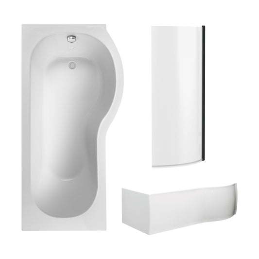 [BBZPB008] P Shape 1700x850 Right Hand Shower Bath Set - P Shape Front Panel, Black Bath Screen & Leg Set - Cutout