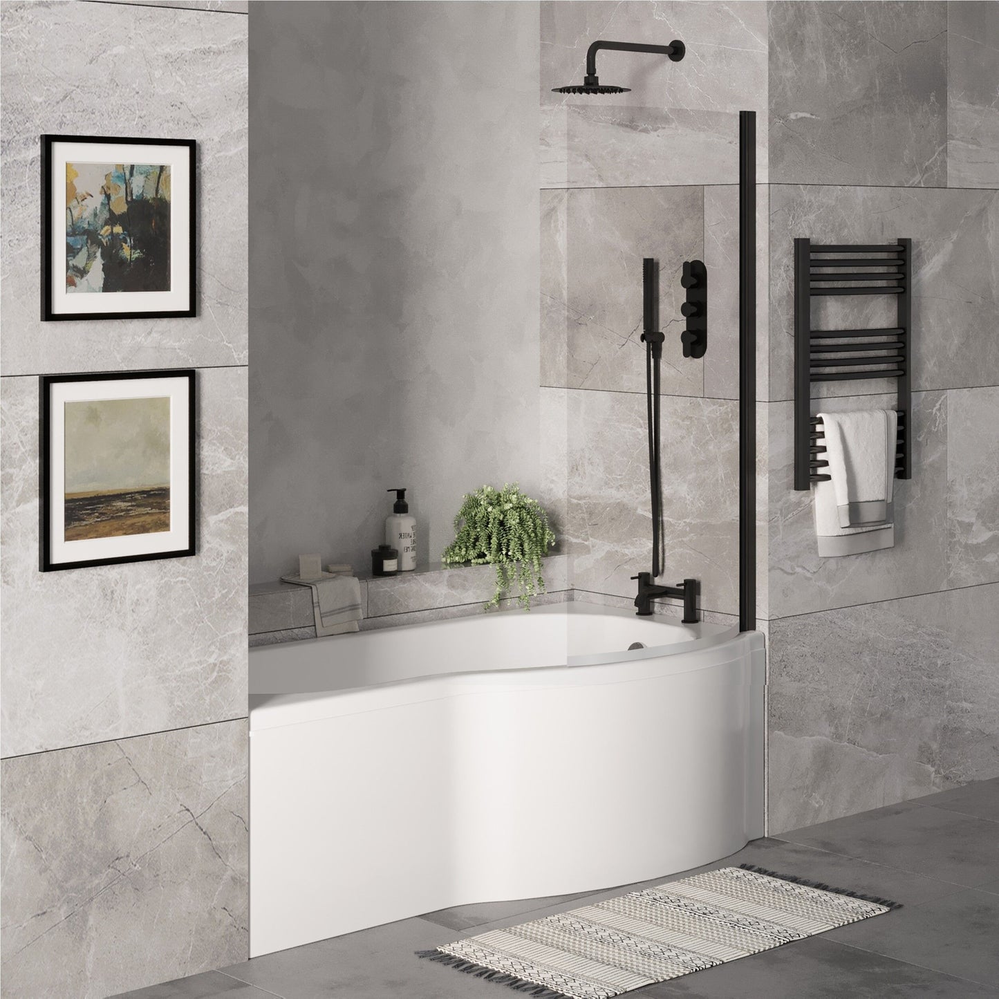 [BBZPB008] P Shape 1700x850 Right Hand Shower Bath Set - P Shape Front Panel, Black Bath Screen & Leg Set - Lifestyle 3