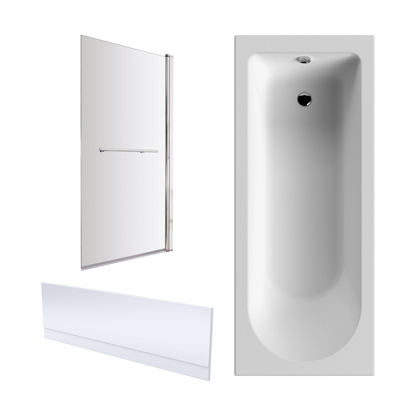 [BBZSE002] Round Single Ended 1700x700 Shower Bath Set - Front Panel, Chrome Square Bath Screen with Towel Rail & Leg Set - Cutout