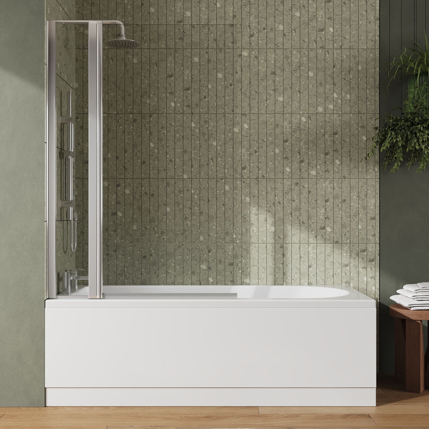 [BBZSE003] Round Single Ended 1700x700 Shower Bath Set - Front Panel, Chrome Square Bath Screen, Fixed Panel & Leg Set - Lifestyle 1