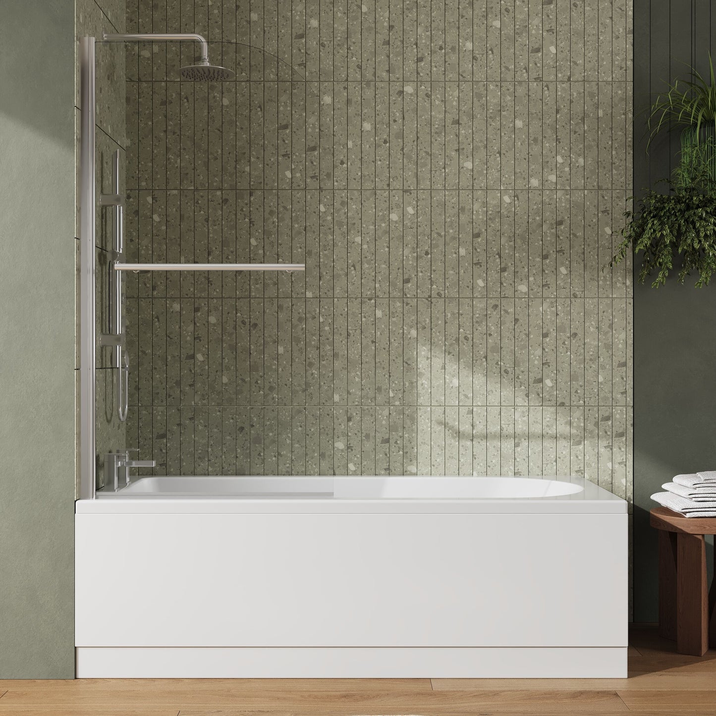 [BBZSE008] Round Single Ended 1700x700 Shower Bath Set - Front Panel, Chrome Straight Bath Screen with Towel Rail & Leg Set - Lifestyle 1