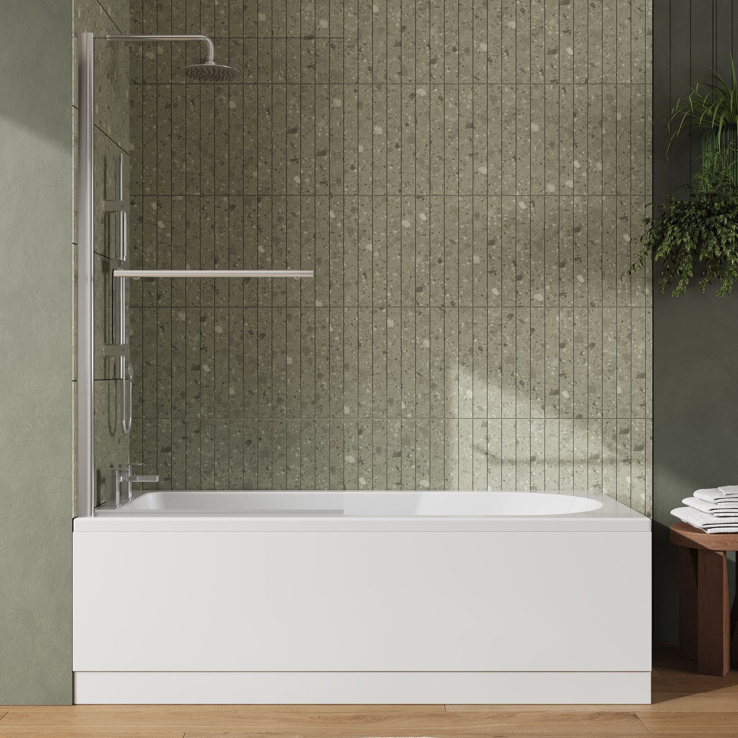[BBZSE012] Round Single Ended 1700x750 Shower Bath Set - Front Panel & Chrome Screen with Towel Rail - Lifestyle 1
