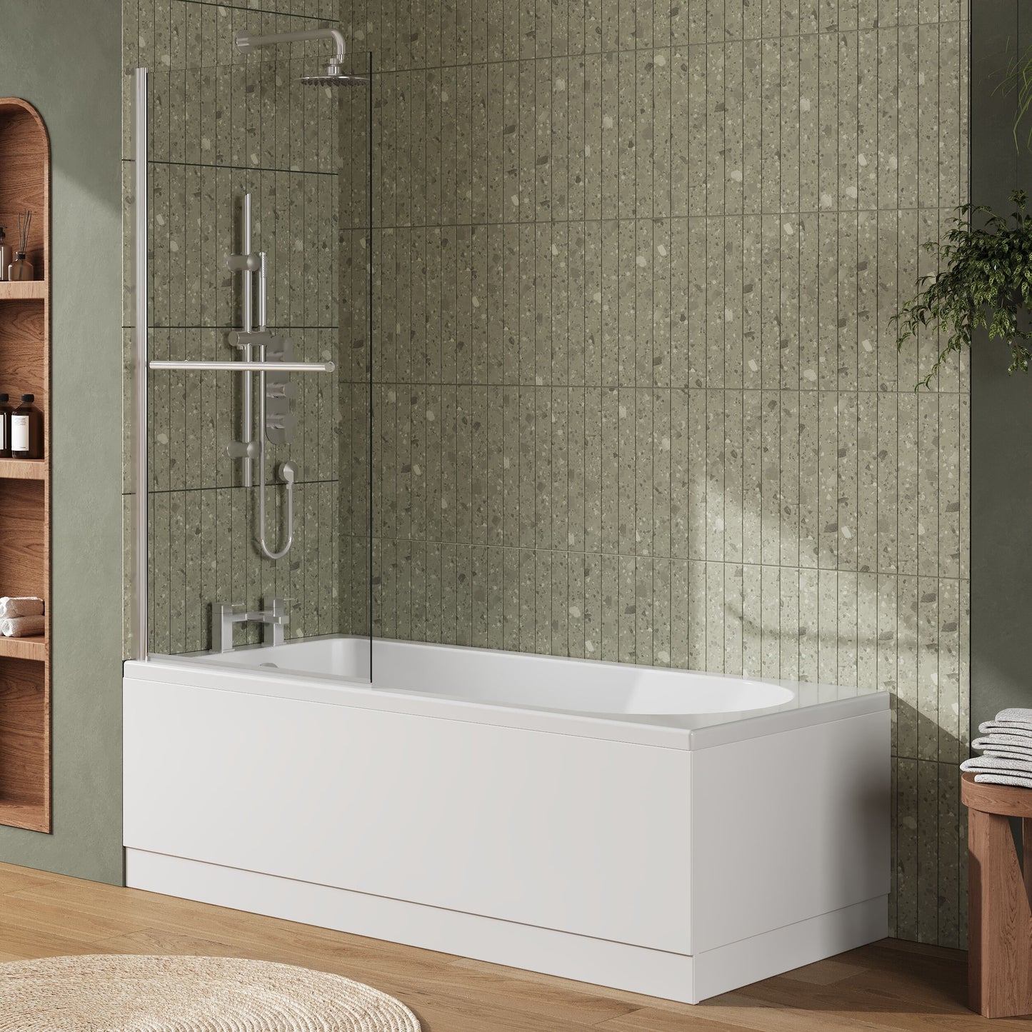 [BBZSE012] Round Single Ended 1700x750 Shower Bath Set - Front Panel & Chrome Screen with Towel Rail - Lifestyle 3