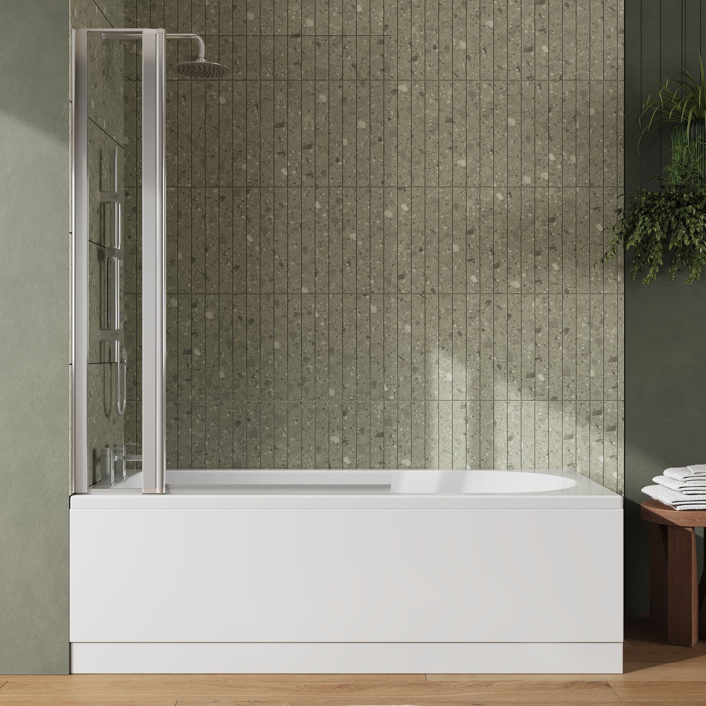 [BBZSE013] Round Single Ended 1700x750 Shower Bath Set - Front Panel, Chrome Square Bath Screen with Fixed Panel & Leg Set - Lifestyle 1