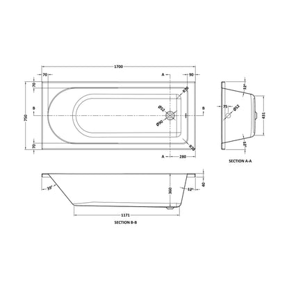 [BBZSE016] Round Single Ended 1700x750 Shower Bath Set - Front Panel, Hinged Screen - Chrome - Technical Drawing