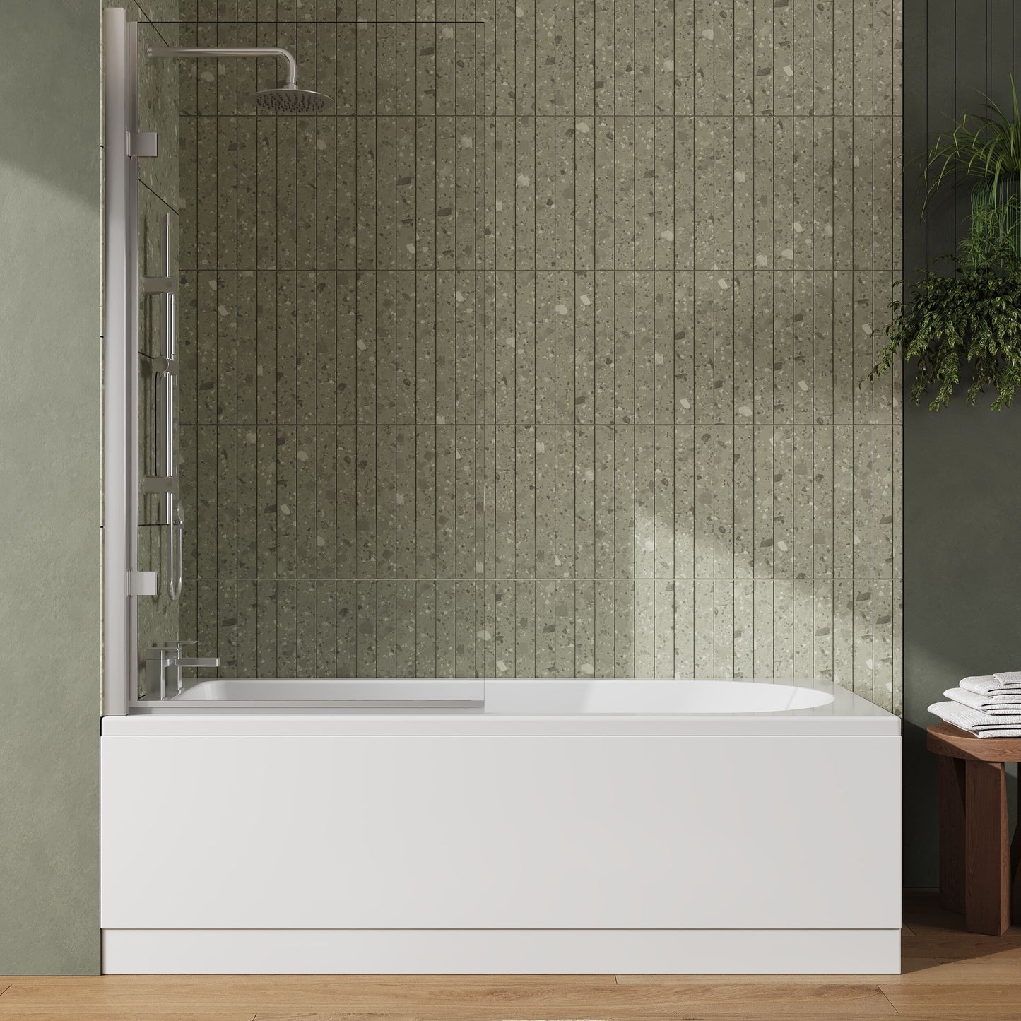 [BBZSE016] Round Single Ended 1700x750 Shower Bath Set - Front Panel, Hinged Screen - Chrome - Lifestyle 1