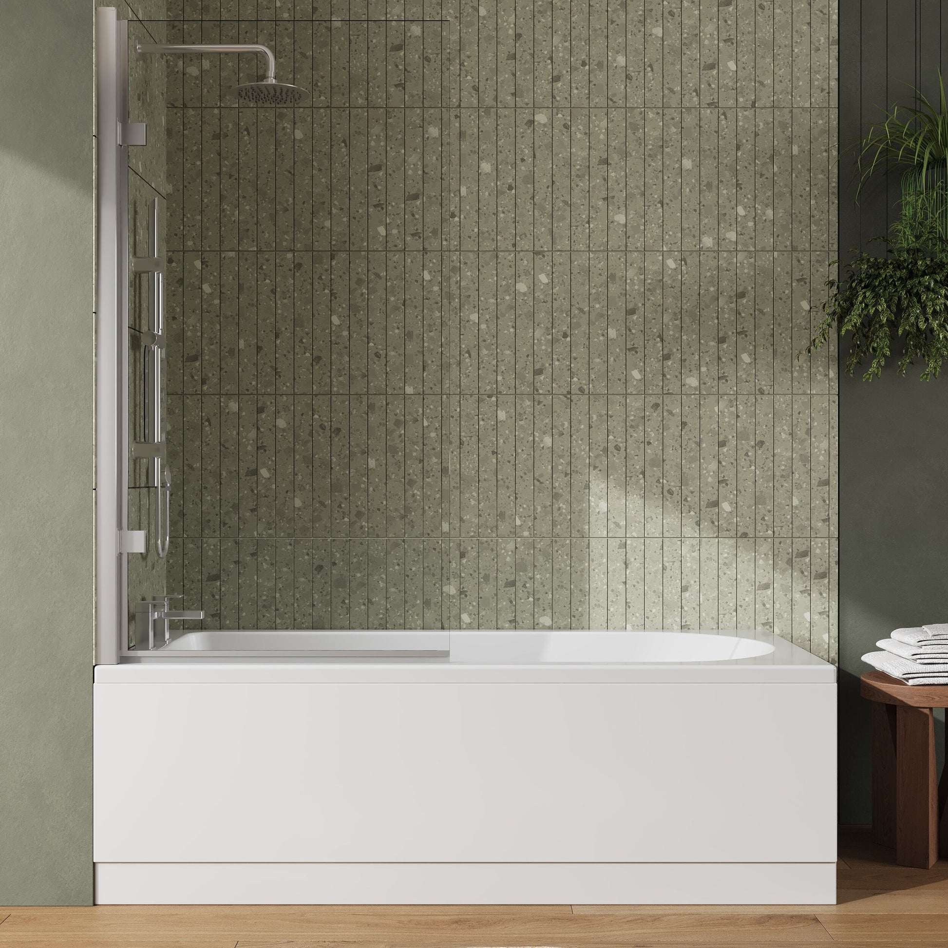 [BBZSE016] Round Single Ended 1700x750 Shower Bath Set - Front Panel, Hinged Screen - Chrome - Lifestyle 1